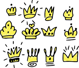 Set of colorful royal headwear icons, including crowns, tiaras, and diadems. Features doodle-style line drawings of monarchs and vintage medieval crowns. Drawn with black curved lines in grunge style