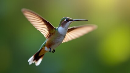 Fototapeta premium Hummingbird frozen in mid-air, its iridescent feathers glistening under natural light. The rapid wing movement, delicate beak, and the subtle reflection of colors on its tiny body.