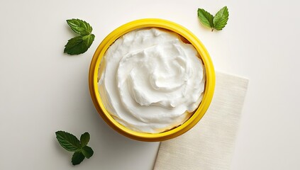 Creamy swirls in a yellow bowl, mint and cloth beside it