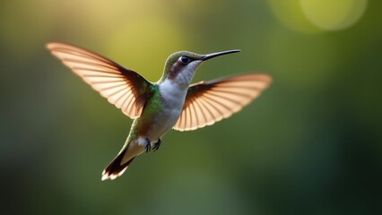Fototapeta premium Hummingbird frozen in mid-air, its iridescent feathers glistening under natural light. The rapid wing movement, delicate beak, and the subtle reflection of colors on its tiny body.