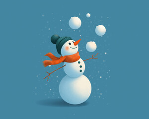 Fototapeta premium Cheerful snowman juggling snow balls illustration 