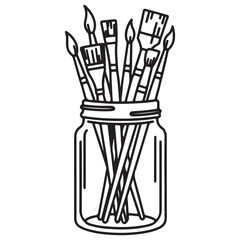 Outline Illustration of Artist Paintbrushes in a Jar