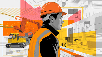 Fototapeta premium A digital illustration of a construction worker in profile view, wearing an orange hard hat and high-visibility safety vest