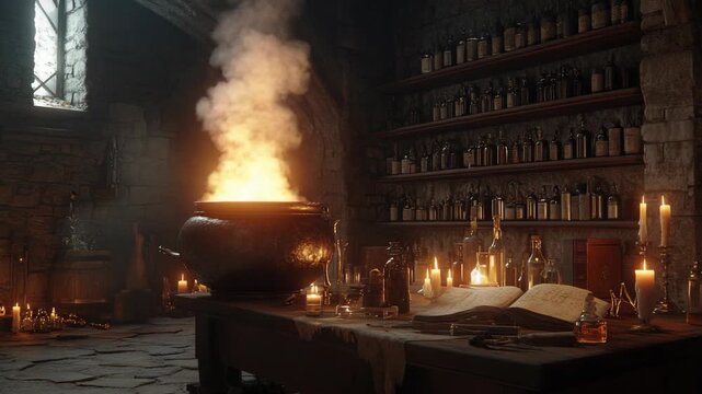 In bubbling cauldron within an enchanting potion room, surrounded by colorful bottles and flickering candles, the atmosphere of magic and wonder creates a mystical and inviting space for all who enter