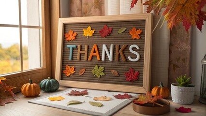 Autumn letterboard decorated with colorful leaves and seasonal decor expressing gratitude