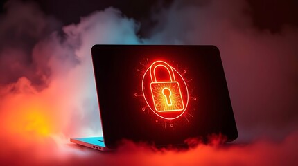 Laptop with glowing red padlock icon on screen, surrounded by red and blue smoke, symbolizing cybersecurity and data protection.