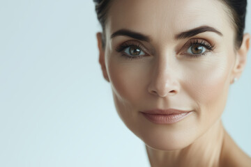 Close-up portrait of a stunning mature brunette woman gazing at the camera against a white background. Middle-aged older female. Healthy facial skin care beauty for lady.