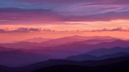 Obraz premium Layers of mountain ranges are rendered in vibrant shades of purple and violet under a beautiful sunset sky, showcasing stunning colors across the horizon.