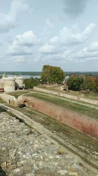 Panoramic view of Zindan Gate and Danube River from Belgrade Fortress wall. Medieval stone architecture in Serbia. Concepts of cultural heritage of Europe and history tourism. Scenic travel footage
