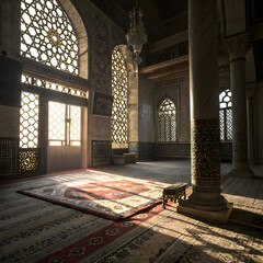 quiet mosque interior sunbeams through patterned