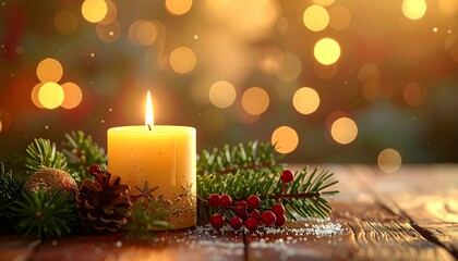 Christmas candle burning with pine leaves and decorations, festive holiday balls and pine cones, bokeh blur background, warm cozy seasonal lighting, space for text or message, Xmas decoration layout