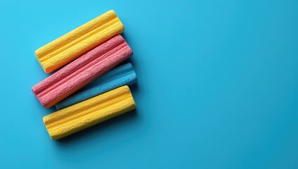 Stack of textured, colorful rectangular candy on blue background