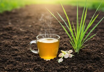 A steaming cup of lemongrass tea sits on rich soil next to a fresh lemongrass plant in a garden