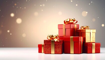 Fototapeta premium Stacked Christmas gift boxes holiday present decoration with copy space white background festive mockup banner template