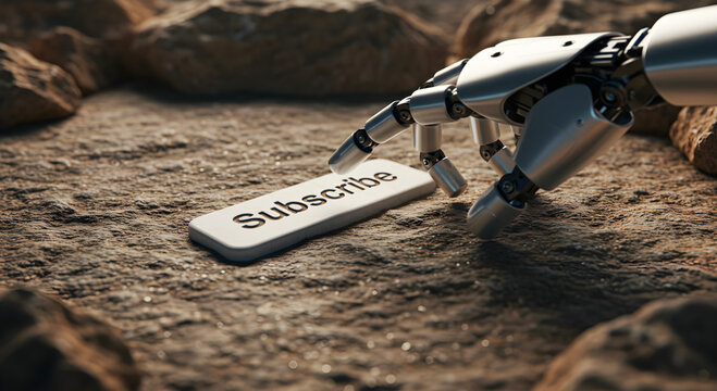 Robotic hand pointing a metallic finger at a Subscribe button placed on dry, rocky, textured ground surrounded by boulders