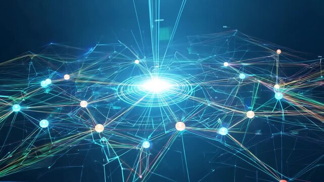 Dynamic Visualization of a Complex Data Network with Radiating Connections and a Central Core of Light Illustrating Technological Interconnectivity and Information Flow