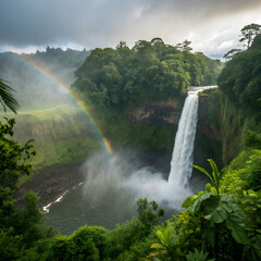 rainforest waterfall with mist and rainbow effect