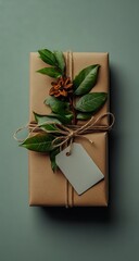Gift wrapped with twine, leaves, pinecone and a tag