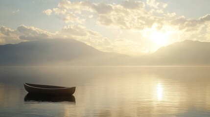 Calm lake scene at golden hour.  A lone canoe floats peacefully on a still lake, reflecting the soft light of a sunrise or sunset.  Misty mountains rise gently in the background