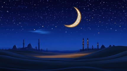 Desert night sky with crescent moon and mosques