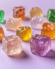 Colorful, translucent sugar cubes scattered on pale purple