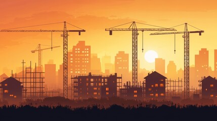 Silhouette city skyline at sunset, construction cranes, building sites