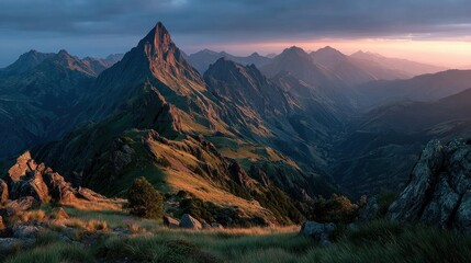 A panoramic view of rugged volcanic peaks at sunset, soft mist rising from the valleys, golden light spilling over the horizon