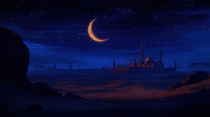 Desert night with mosque and crescent moon