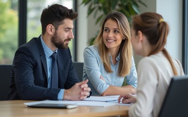 Obraz premium Man and woman in professional office working together, talking and discussing in a meeting. High quality