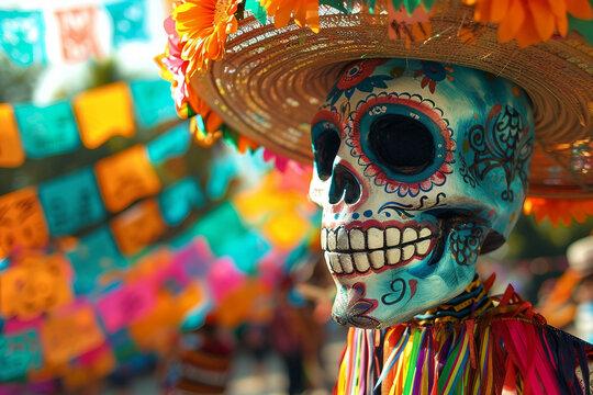 Colorful skeleton figure with floral decorations and hat celebrating Mexican Day of the Dead at Cinco de Mayo festival, generative ai