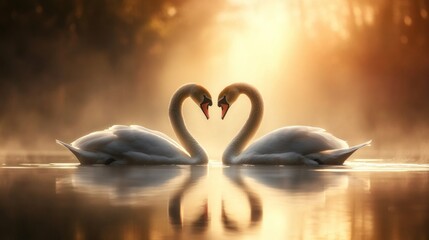 Two swans in a heart shape, backlit by sunrise