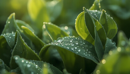 close up of fresh dew drops on natural green leaves