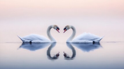 Two swans facing each other, necks curved to form a heart shape, reflecting in calm water. Soft, pastel colors of sunrise or sunset