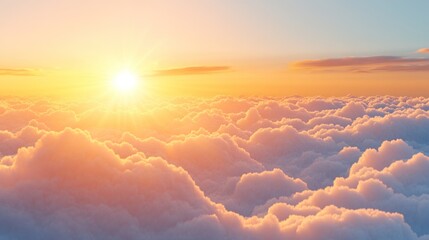 Sunrise above fluffy clouds, vibrant colors