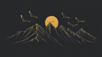 Dark night, mountain range, golden moon, birds fly