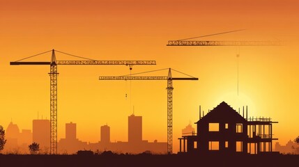 Silhouette of construction site at sunset with cranes