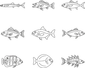 Diverse Game and Tropical Fish Line Art Icon Set - Vector Collection