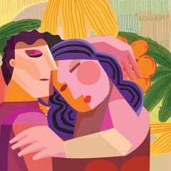 Abstract male female face portrait wall art illustration. Geometric, shapes, cubism flat  portrait vector art print.