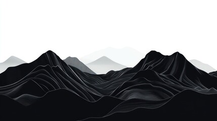 Abstract black mountains against a white background.  A series of dark, sculpted mountain ranges.  Soft, hazy light on distant peaks.  Digital, artistic rendering