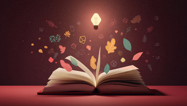 Enchanted Knowledge Open Book Illuminating with Idea Light Bulb, Whimsical Leaves, and Geometric Shapes