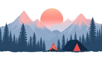 A tranquil mountain landscape at sunset, featuring a campfire and a tent nestled in a pine forest