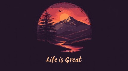 A stylized graphic of a mountain landscape at sunset, with a quote