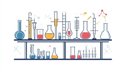 Colorful laboratory glassware on two shelves, various sizes and colors, with scientific elements