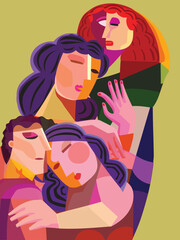 Abstract male female face portrait wall art illustration. Geometric, shapes, cubism flat  portrait vector art print.