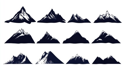 Twelve silhouette mountain ranges, varying peaks and snow