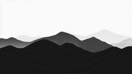 Monochromatic mountain range.  Light gray/white hazy sky.  Dark black/grey mountains in layers
