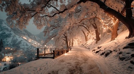 A peaceful snow-covered hill lit by delicate fairy lights, amber glows shining through icy branches