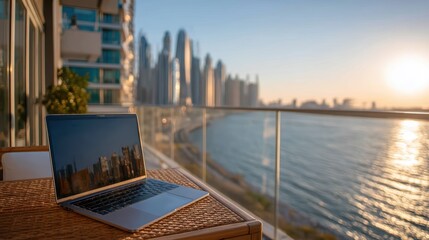 Fototapeta premium Remote Work Laptop, Dubai Skyline, Ocean View - travel technology