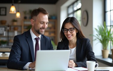 Business professionals working together on a laptop. High quality