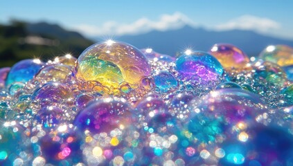 Iridescent bubbles gleam; mountain background